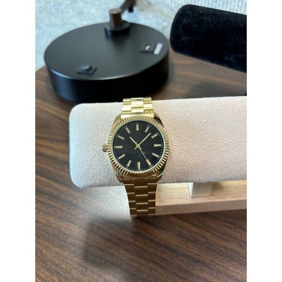 Men's Gold Tone Analog Wristwatch With Black Dial & Stainless Steel Band - Picture 3 of 8